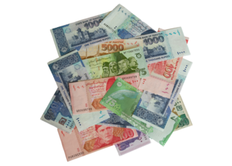 Different denomenation of Pakistani currency notes with a new 75 rupees note on white isolated background