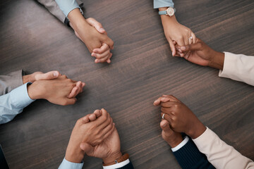 Teamwork, collaboration and business people holding hands before meeting in the office. Diversity, team and support in corporate business with men and women employees connected together in circle