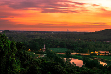 High angle nature background on the mountain overlooking the evening sky changing colors at night, with the blur of the wind and the passing leaves, seen at various tourist spots and viewpoints.