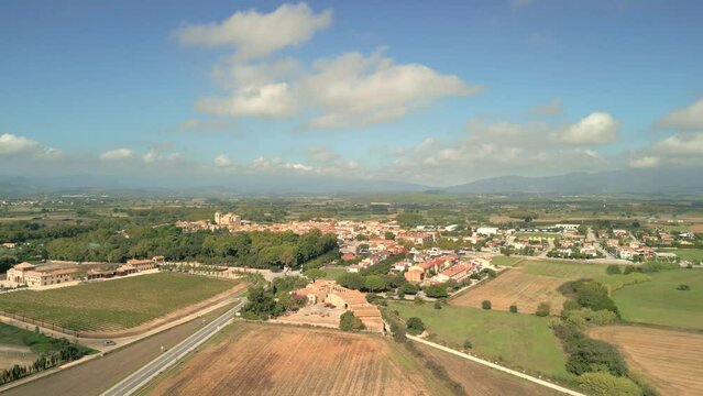 Aerial image of the city of Peralada in Girona Costa Brava small medieval town  Images in 4K sunny day Figueres