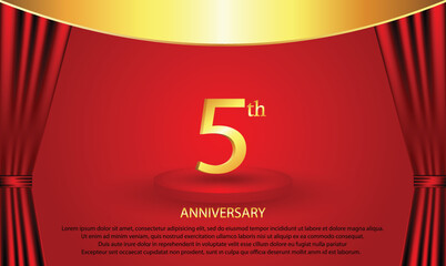 5th Anniversary celebration. 5 year Anniversary Celebration with red background. Podium anniversary. Curtain stage anniversary. Gold luxury banner celebration.