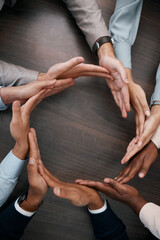 Hands, teamwork and synergy with business people in a circle or huddle as a team on a wooden table...