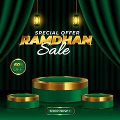 Realistic Special Ramadan sale banner with green golden podium and discount frame Premium Vector