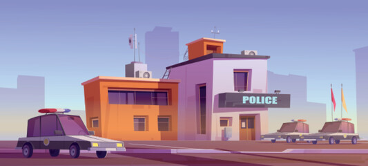 Cartoon police station building with patrol cars. Vector illustration of police department office and cityscape silhouettes on background. Law enforcemen and public order protection. Security guard