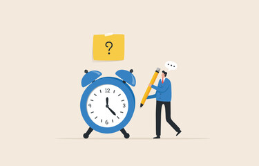 Time to Write, writing theme. question mark. sets the work deadline or the weekly plan. businessman holding a pencil standing thinking and questioning a clock.