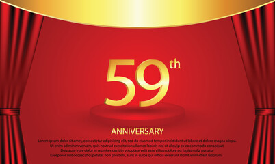 59th Anniversary celebration. 59 year Anniversary Celebration with red background. Podium anniversary. Curtain stage anniversary. Gold luxury banner celebration.