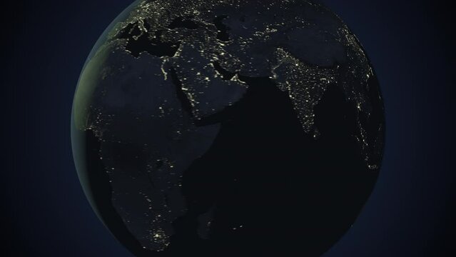 Seamless looping animation of the earth at night zooming in to the 3d map of Laos with the capital and the biggest cites in 4K resolution