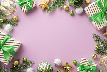 Christmas concept. Top view photo of gift boxes white gold transparent and green baubles star ornaments and pine branches in snow on isolated lilac background with copyspace in the middle