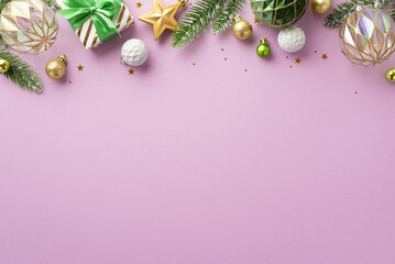 Christmas decorations concept. Top view photo of giftbox white gold and green baubles star ornament pine branches in frost and shiny confetti on isolated lilac background with copyspace