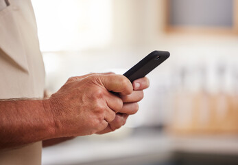 Hands, man or phone for social media search, kitchen recipe or internet news in house or nursing home. Zoom, senior or retirement elderly on mobile communication technology for streaming in lockdown