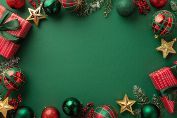 Christmas concept. Top view photo of gift boxes with ribbon bows green red baubles gold star ornaments mistletoe berries and pine branches on isolated green background with copyspace in the middle