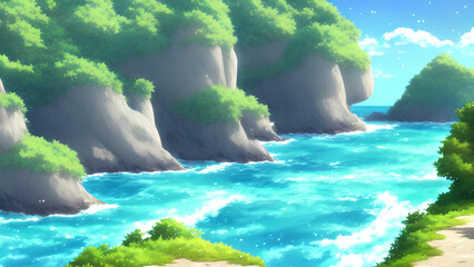 Forested seaside cliffs, clouds