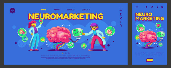 Neuromarketing technology landing page, app ui ux onboard screen. Concept with contemporary female characters in lab coat analyzing customer behavior and developing strategy checking artificial brain