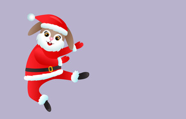 A cute bunny dressed as Santa Claus is jumping for joy. 2023 is the year of the rabbit. vector illustration on a light background.