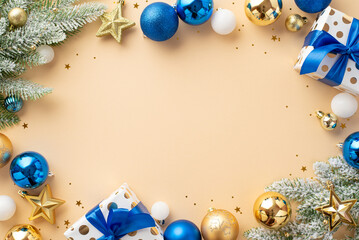 Christmas concept. Top view photo of fir branches in snow star ornaments white blue gold baubles gift boxes with ribbon bows and confetti on isolated beige background with empty space in the middle