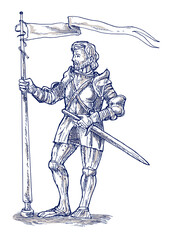 Obraz premium Knight standing with lance and flag