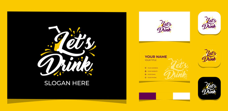 Template Logo Creative Logotype Let's Drink with Illustration splash and in Letter L Have a Glass Shape and straw. Creative Template with color pallet, visual branding, business card and icon.