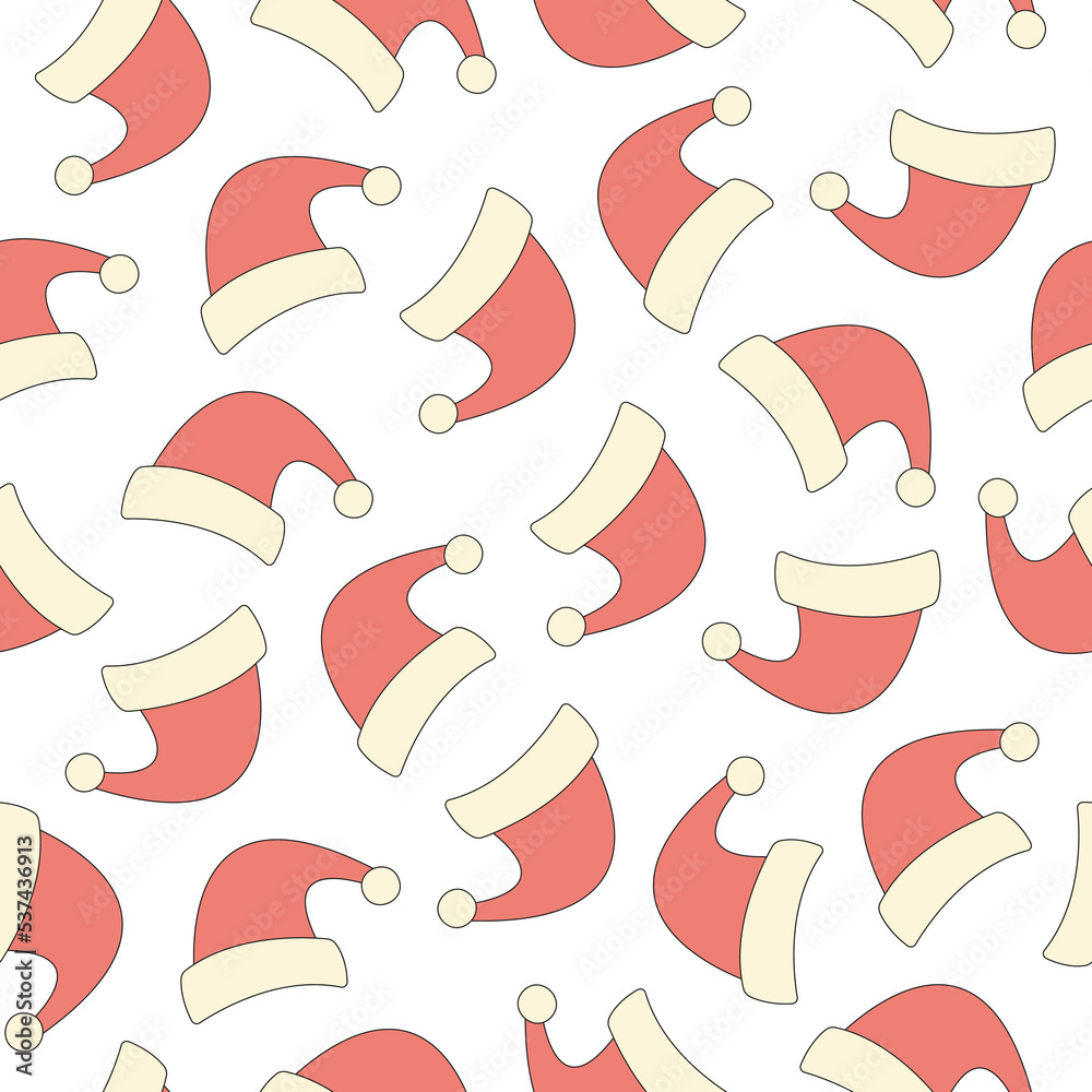 Poster seamless pattern with santa claus hat on a white background. christmas design in style retro 70s, 80
