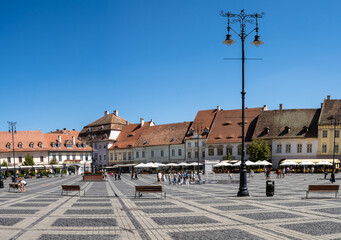 Panoramic view with main town square (Piata Mare) in Sibiu, Romania. Historical center of Sibiu town. - 537436978