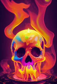 Colourful Día De Muertos Calavera Candle. Colourful Halloween Skull Candle Illustration Dripping And Melting Into Wax Puddle. Halloween Close-up Skull Candle Studio Photography