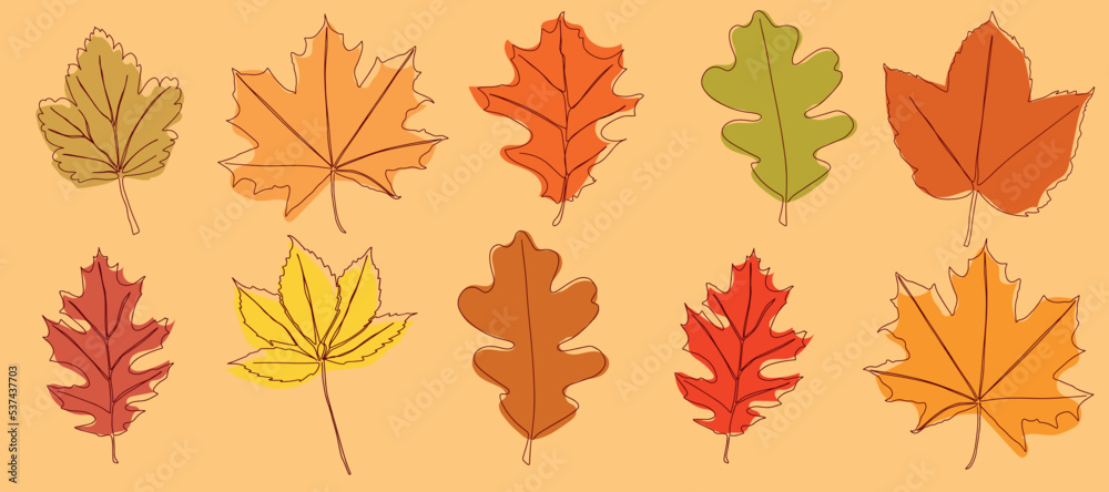 Sticker a set of autumn leaves drawn in a continuous line. autumn leaf in one line. vector illustration.