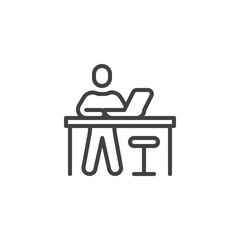 Man using laptop at workspace line icon