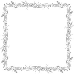 Square frame made of contour wheat or rye ears. Vector autumn border, backdrop hand drawn in Doodle style, black outline isolated on white background