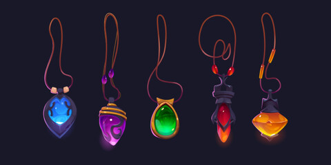 Set of magic amulets on necklace isolated on dark background. Cartoon vector illustration of mysterious gemstone pendants of different shape. Witch or wizard vintage accessory. Game props design - obrazy, fototapety, plakaty