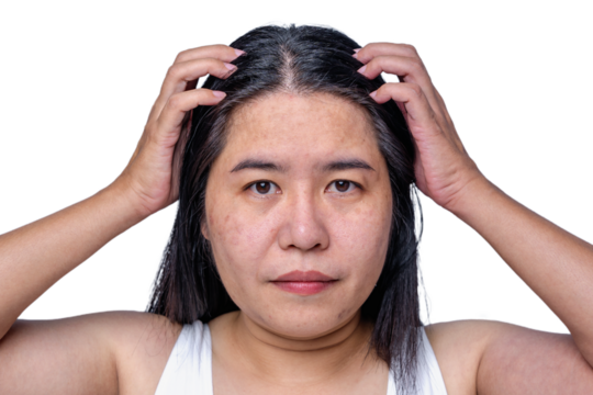 Asian adult woman face has freckles, large pores, blackhead pimple and scars problem from not take care for a long time. Skin problem face isolated white background. Treatment and Skincare concept