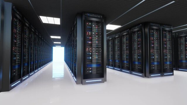 Network and data servers behind glass panels in a server room of a data center or ISPt, 3d Animation