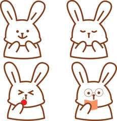 set of rabbit emotion eating and smile vector outline