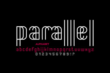 Parallel lines style font, alphabet letters and numbers vector illustration