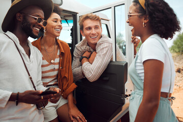 Friends, travel and adventure outdoors in nature, happy on vacation during summer in outback Australia. Diverse group, laugh on roadtrip in countryside and youth bonding together by transportation.