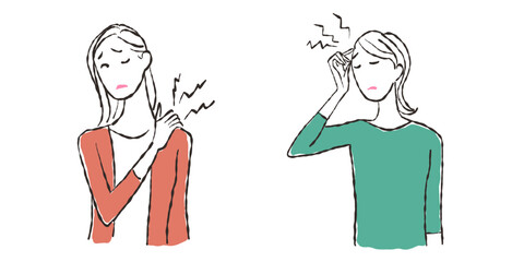 体調不良の女性　天気痛　肩こり　イラスト素材