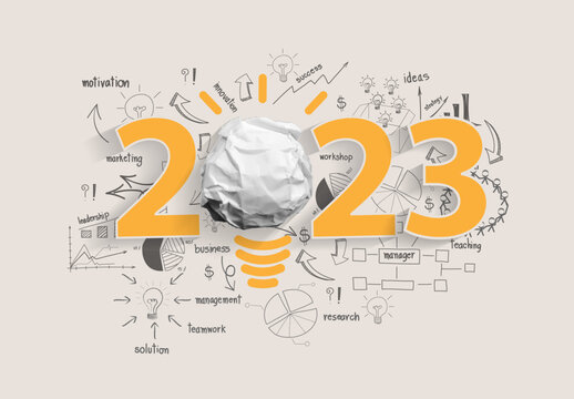 Vector creativity inspiration 2023 new year with crumpled paper ball light bulb ideas concept design, With drawing charts and graphs business success strategy plan