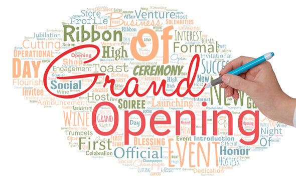 Big Word Cloud With Words Grand Opening With Hand And Pen. Ribbon Cutting New Business First Official Day Launching, Something Brand New.