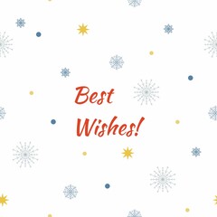 Raster Christmas seamless pattern. Set of hand drawn snowflakes, gold stars, sparkles and handwritten words Best Whishes. Wrapping paper for New Year gift. Snowflakes on white background.