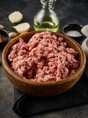 Raw minced pork. Raw minced meat in bowl. Fresh pork minced meat.