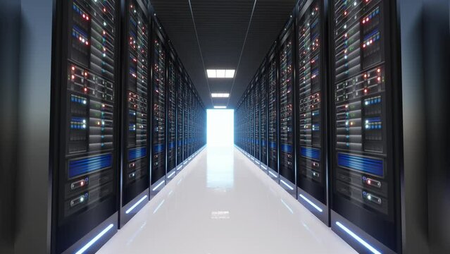 Network and data servers behind glass panels in a server room of a data center or ISPt, 3d Animation