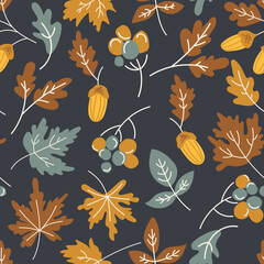 Seamless pattern of autumn leaves with maple branches, leaves, rowan berry on black dark background. Repeatable motif for seasonal fall. Forest nature illustrations for wallpaper, fabric, prints.