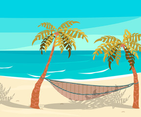 Horizontal banner of abstract seascape with hammock between palm tree