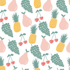 Pineapple, grape, cherry and pear fruit seamless pattern isolated on white background. Exotic tropical sweet cute healthy fresh food. Green, pink, yellow multicolor hand drawn doodle wrapping paper.