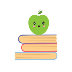 Stack of books with green apple. Vector illustration isolated on white background. Educational concept