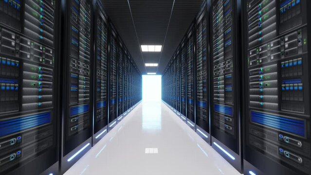 Network and data servers behind glass panels in a server room of a data center or ISPt, 3d Animation