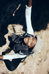 Hiking, black woman or rock climbing on mountain for workout or fitness. Girl, health and exercise...