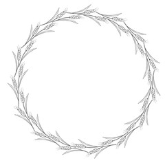 Round frame made of wheat or rye ears. Vector autumn wreath, border hand drawn in Doodle style, black outline isolated on white background