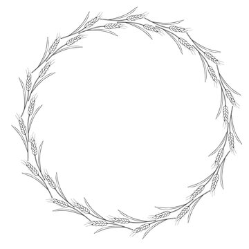 Round frame made of wheat or rye ears. Vector autumn wreath, border hand drawn in Doodle style, black outline isolated on white background