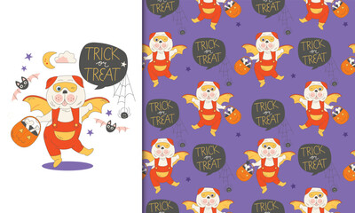 Greeting card and seamless pattern of Halloween vector cute cartoon pug puppy wearing bat costume illustrations. Trick or treat on purple background. Happy Halloween holiday card template.