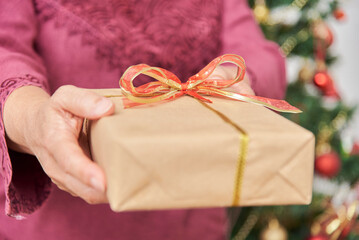 Female hands holding a Christmas gift box wrapped with a decorative bow, handing it towards the camera. Close up composition.