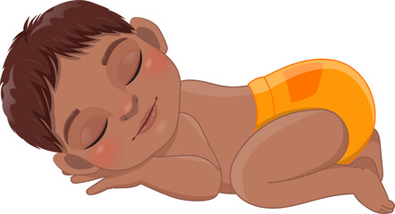 Cartoon character sleeping black baby boy wearing orange ruffled diaper cartoon